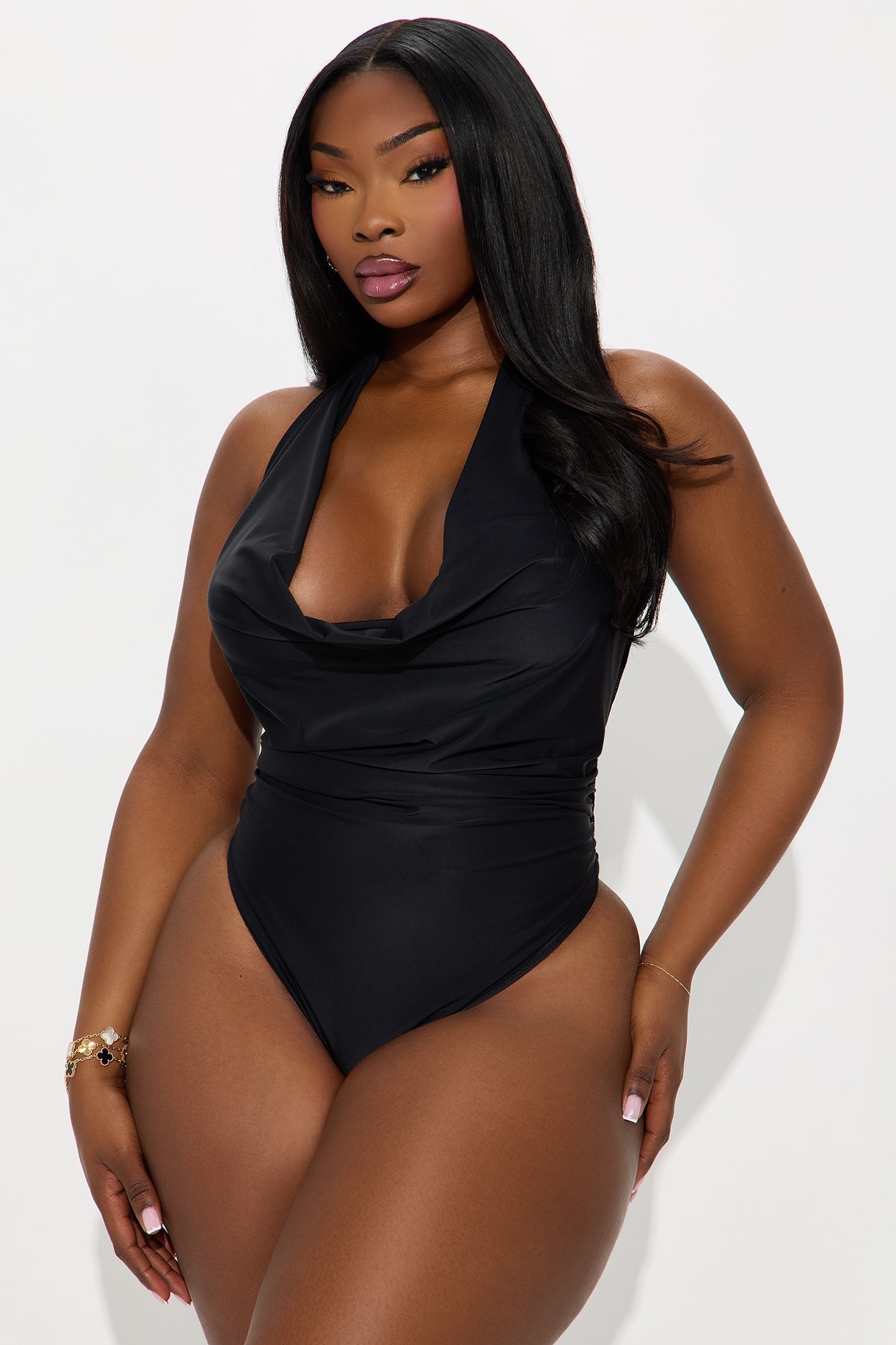 Like You Cowl Neck Thong Bodysuit Teddy - Black