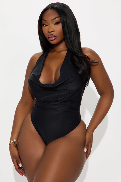 Like You Cowl Neck Thong Bodysuit Teddy - Black