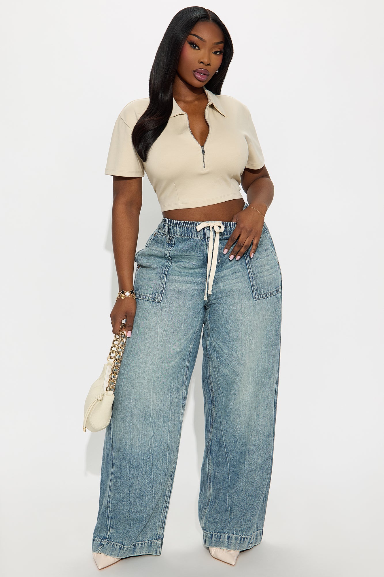 Ocean Ave Tie Waist Baggy Jeans - Vintage Wash