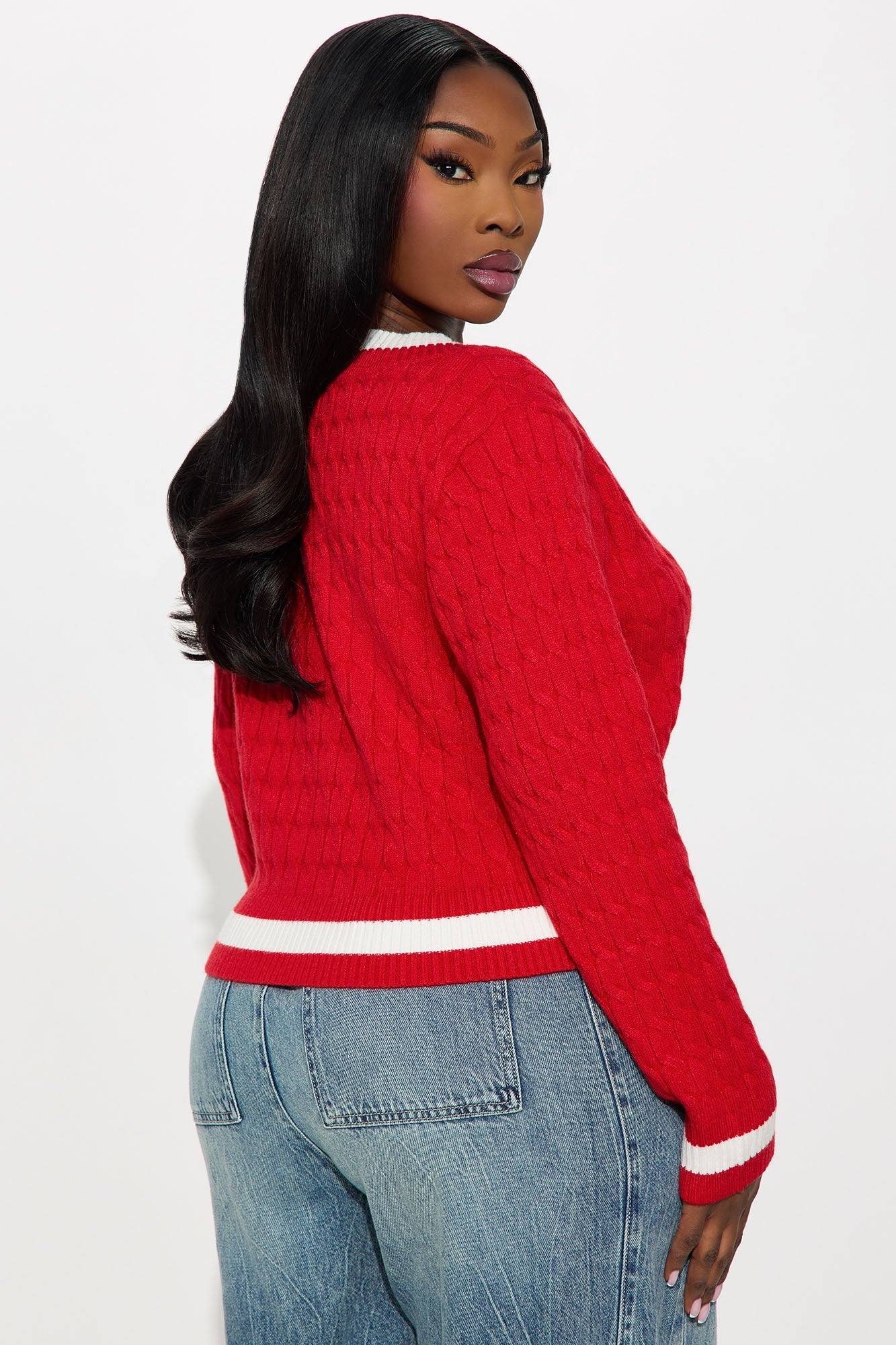 Not The Same Cable Knit Cropped Sweater - Red/combo