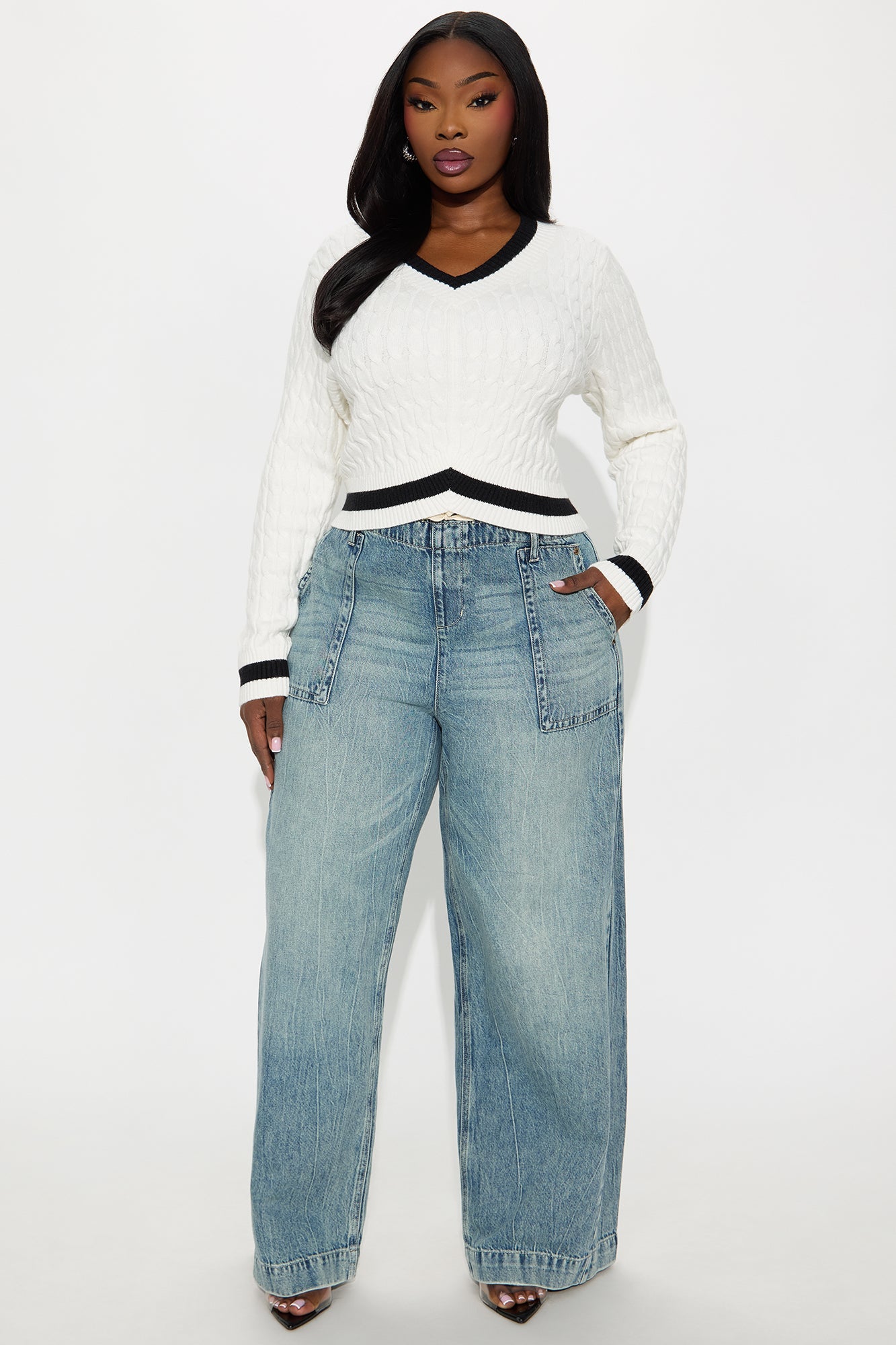 Not The Same Cable Knit Cropped Sweater - Ivory/combo