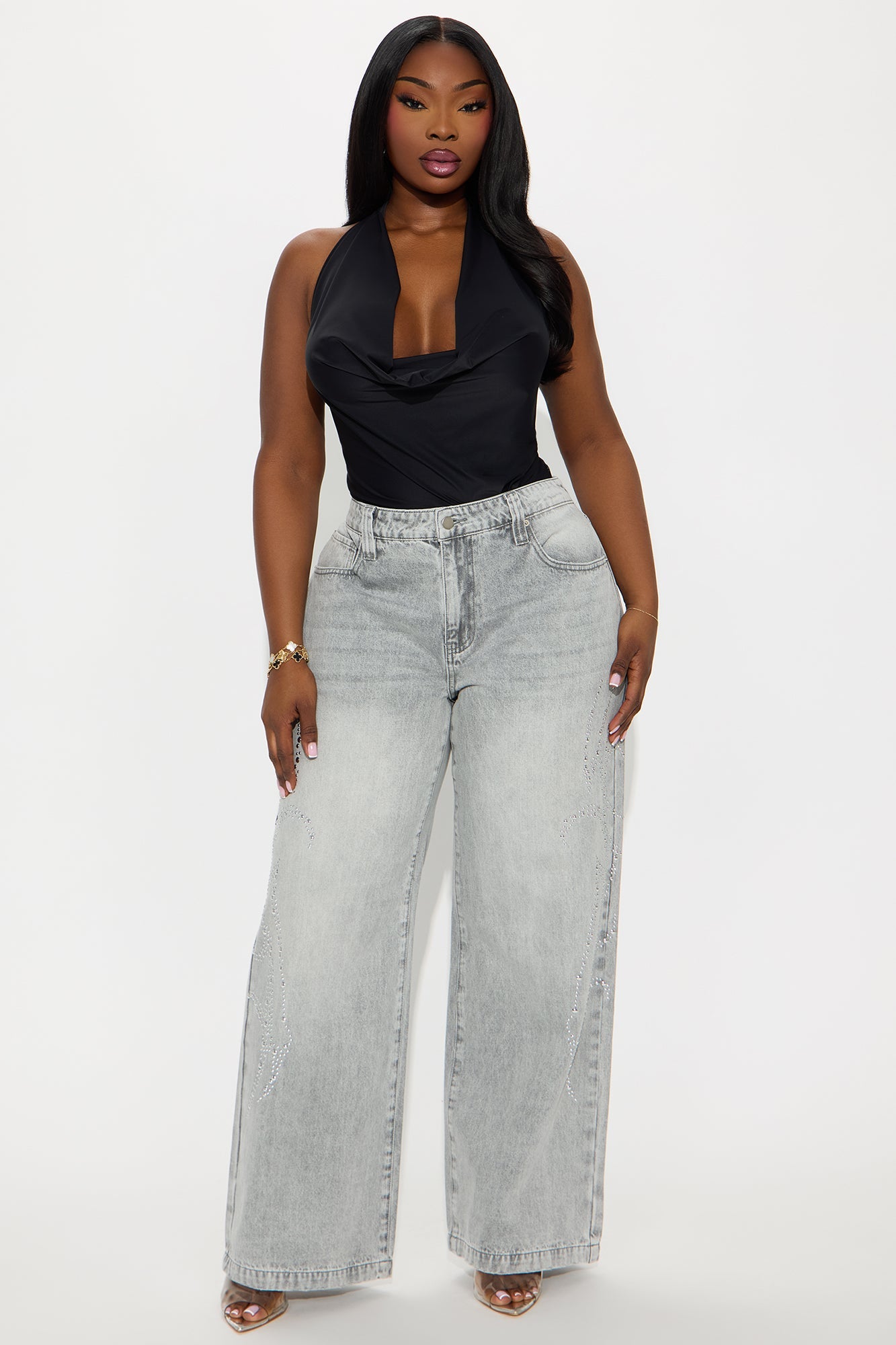 Moonchild Studded Embellishment Wide Leg Jeans - Grey