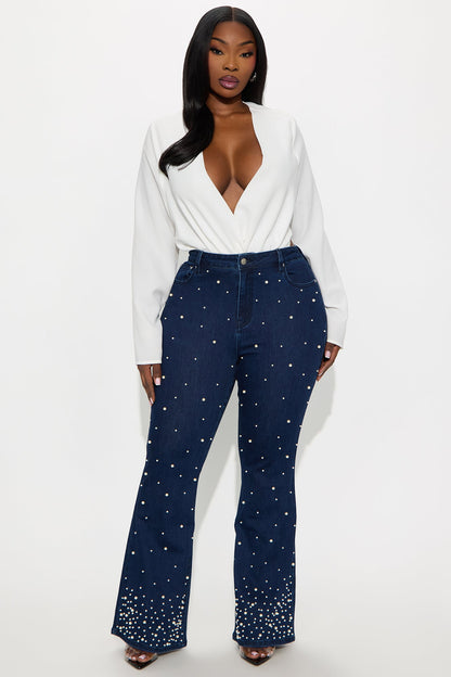 Clutch My Pearls Embellished Flare Leg Jeans - Dark Wash