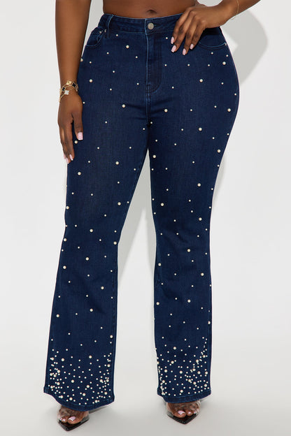 Clutch My Pearls Embellished Flare Leg Jeans - Dark Wash