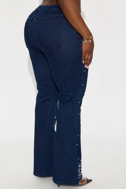 Clutch My Pearls Embellished Flare Leg Jeans - Dark Wash