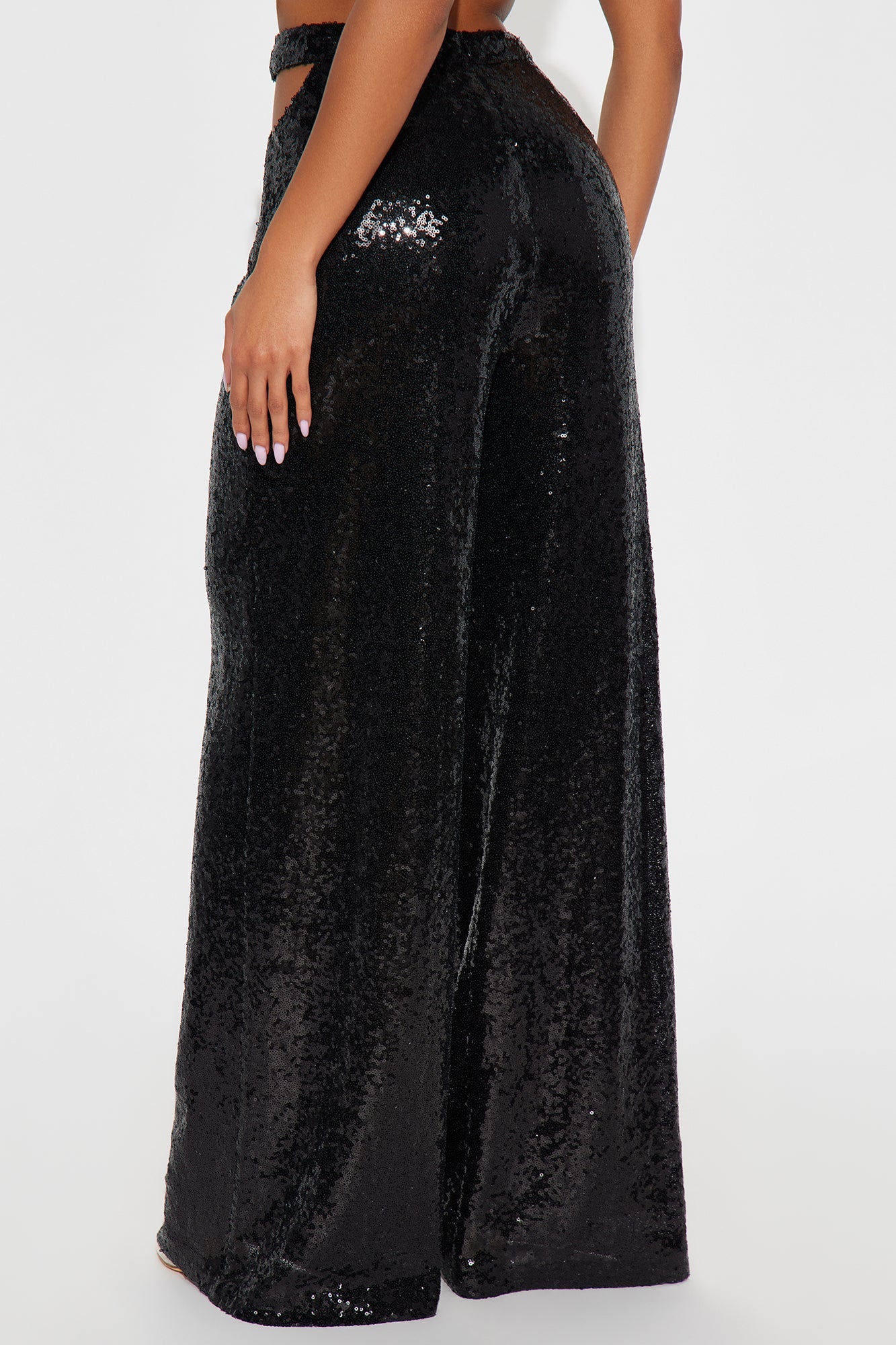Always Glamorous Cut Out Sequin Wide Leg Pant 32″ - Black