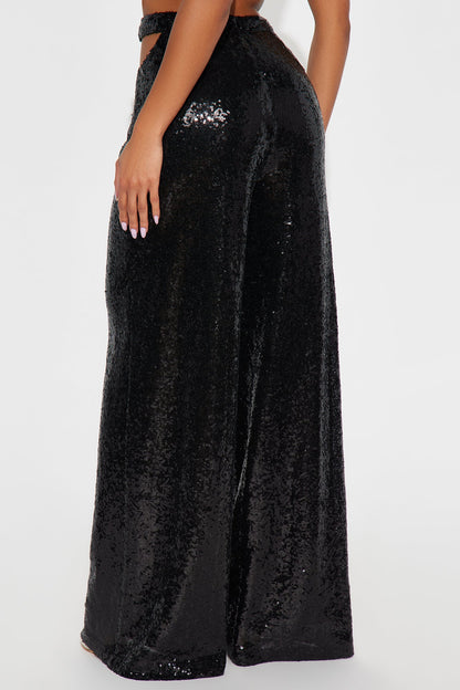 Always Glamorous Cut Out Sequin Wide Leg Pant 32″ - Black