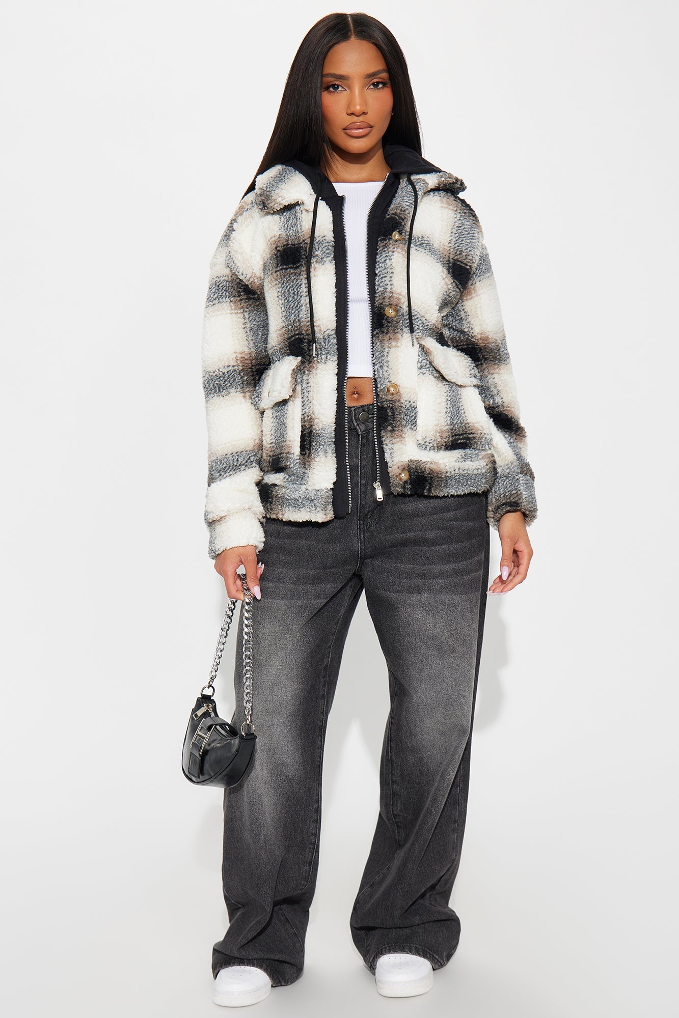 Out Of Town Plaid Sherpa Shacket - Black/combo