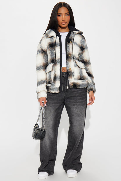 Out Of Town Plaid Sherpa Shacket - Black/combo