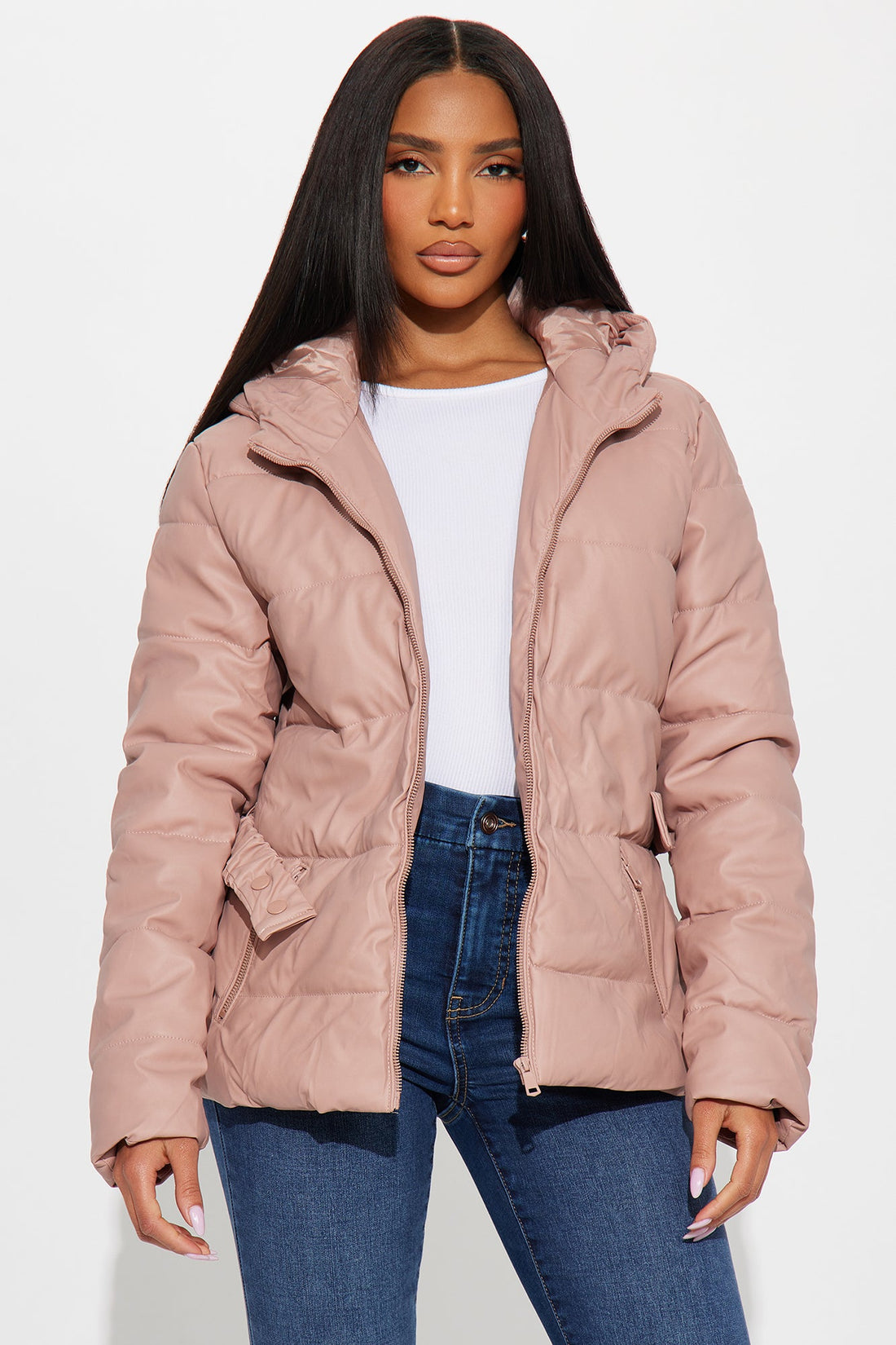 City Nights Faux Leather Puffer Jacket - Mauve