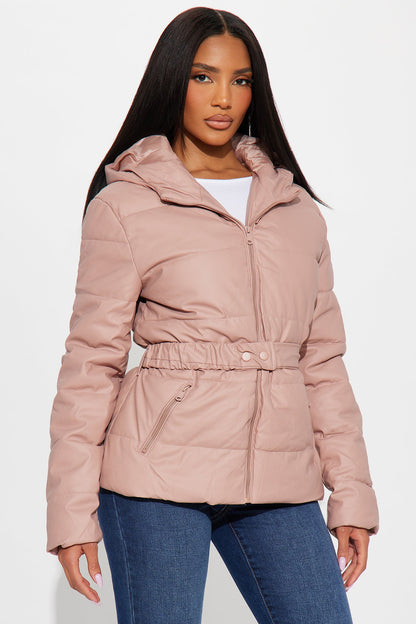 City Nights Faux Leather Puffer Jacket - Mauve
