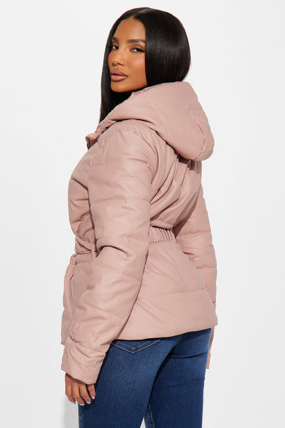 City Nights Faux Leather Puffer Jacket - Mauve