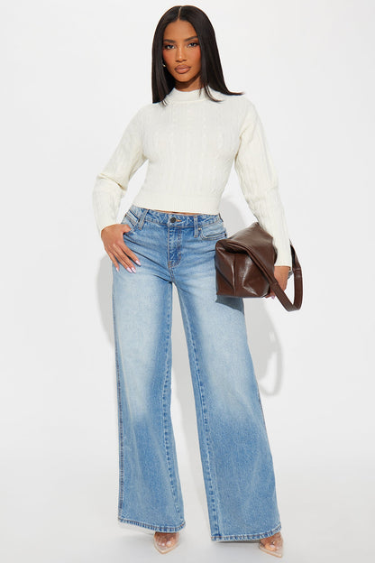 Cozy Mock Neck Cable Knit Sweater - Ivory