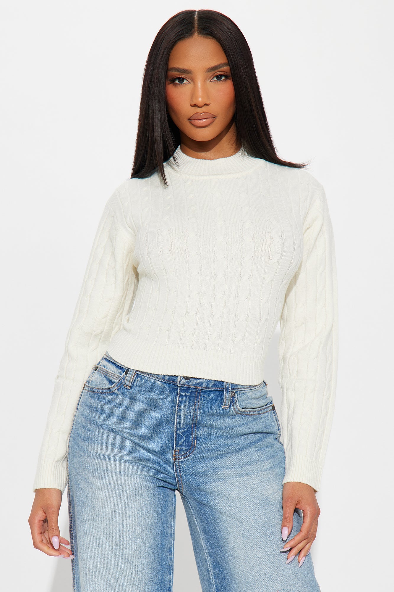 Cozy Mock Neck Cable Knit Sweater - Ivory
