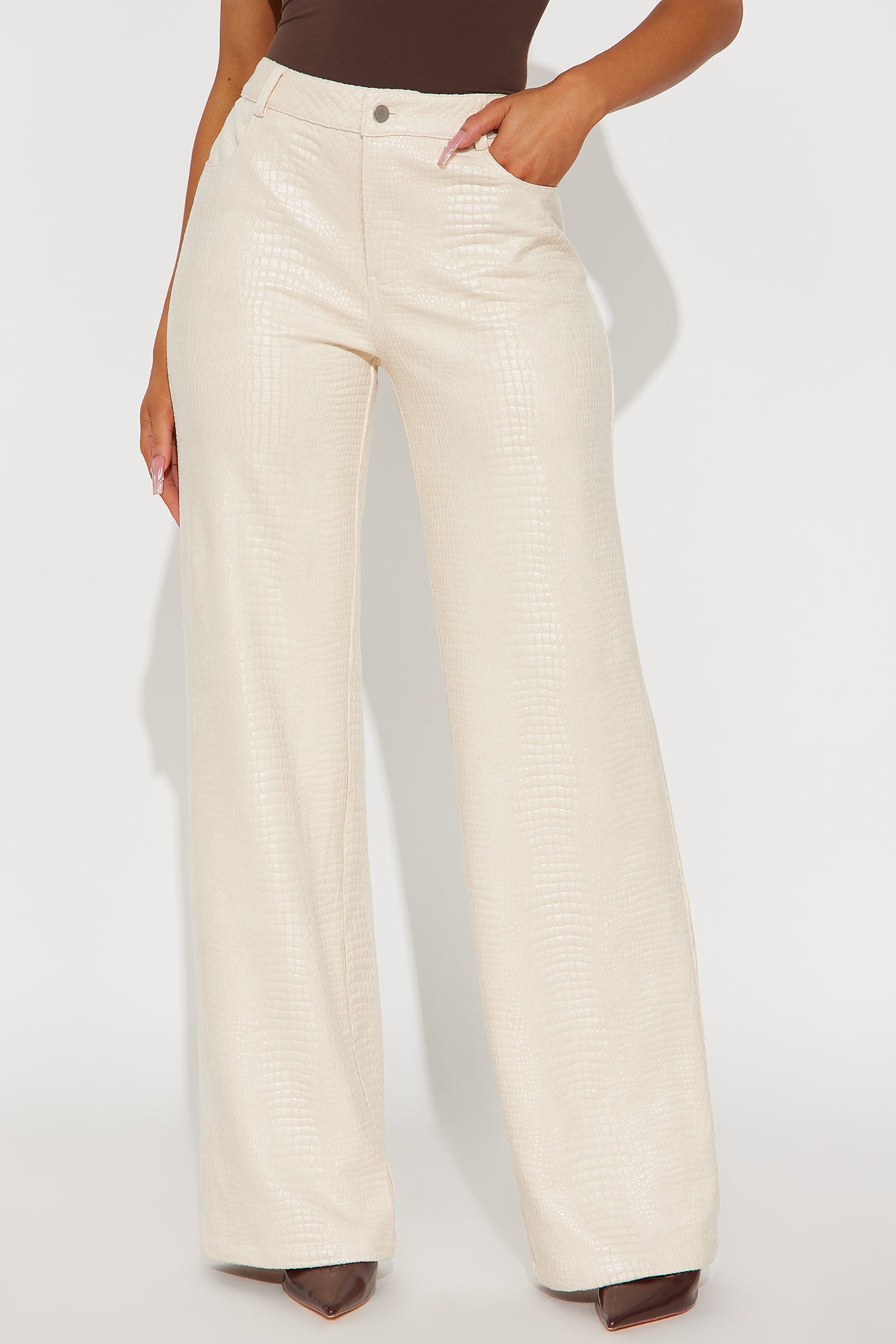 All Attitude Faux Leather Wide Leg Croc Pant 33 - Stone