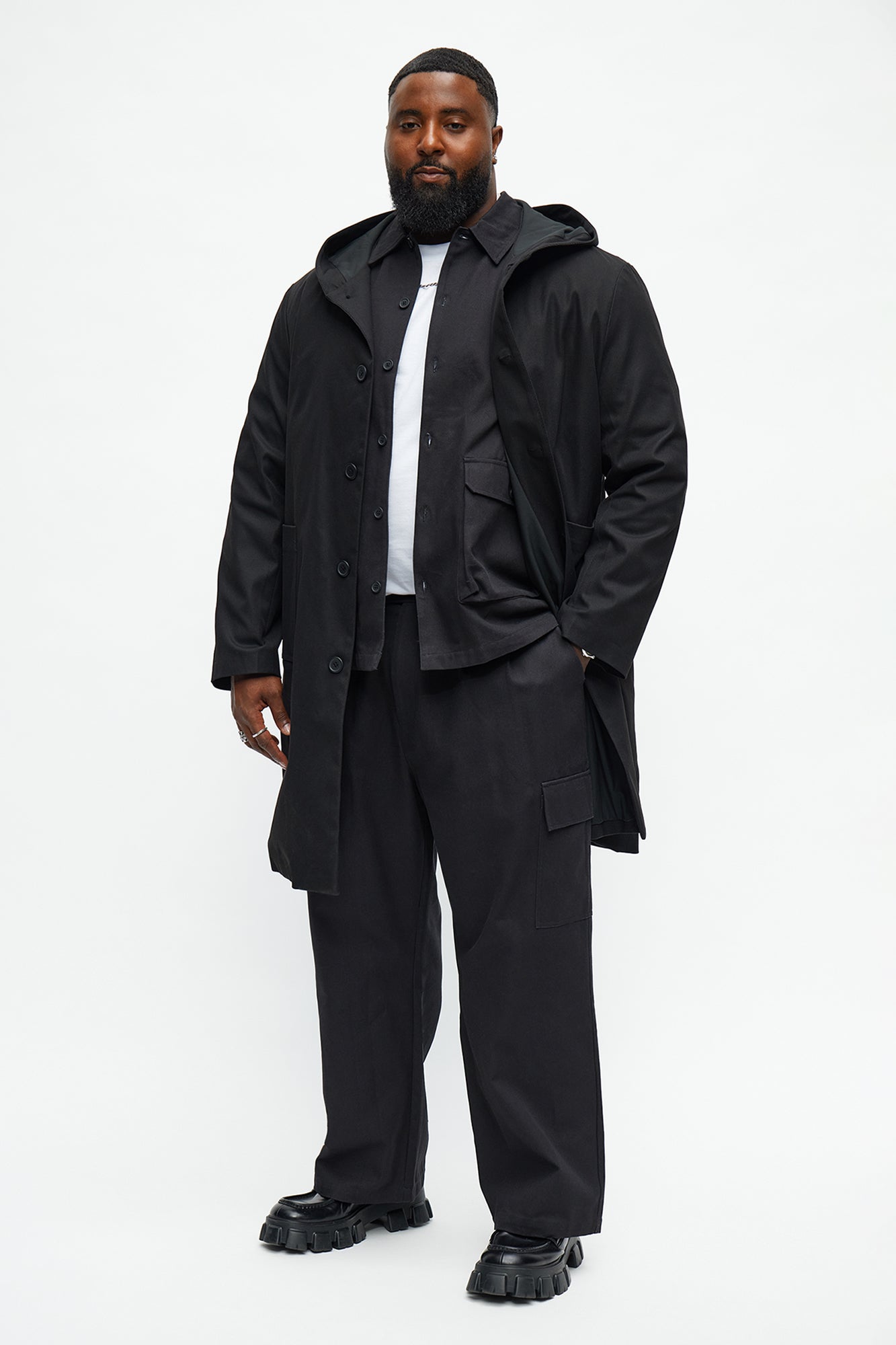 Hooded Ribbed Rain Coat - Black