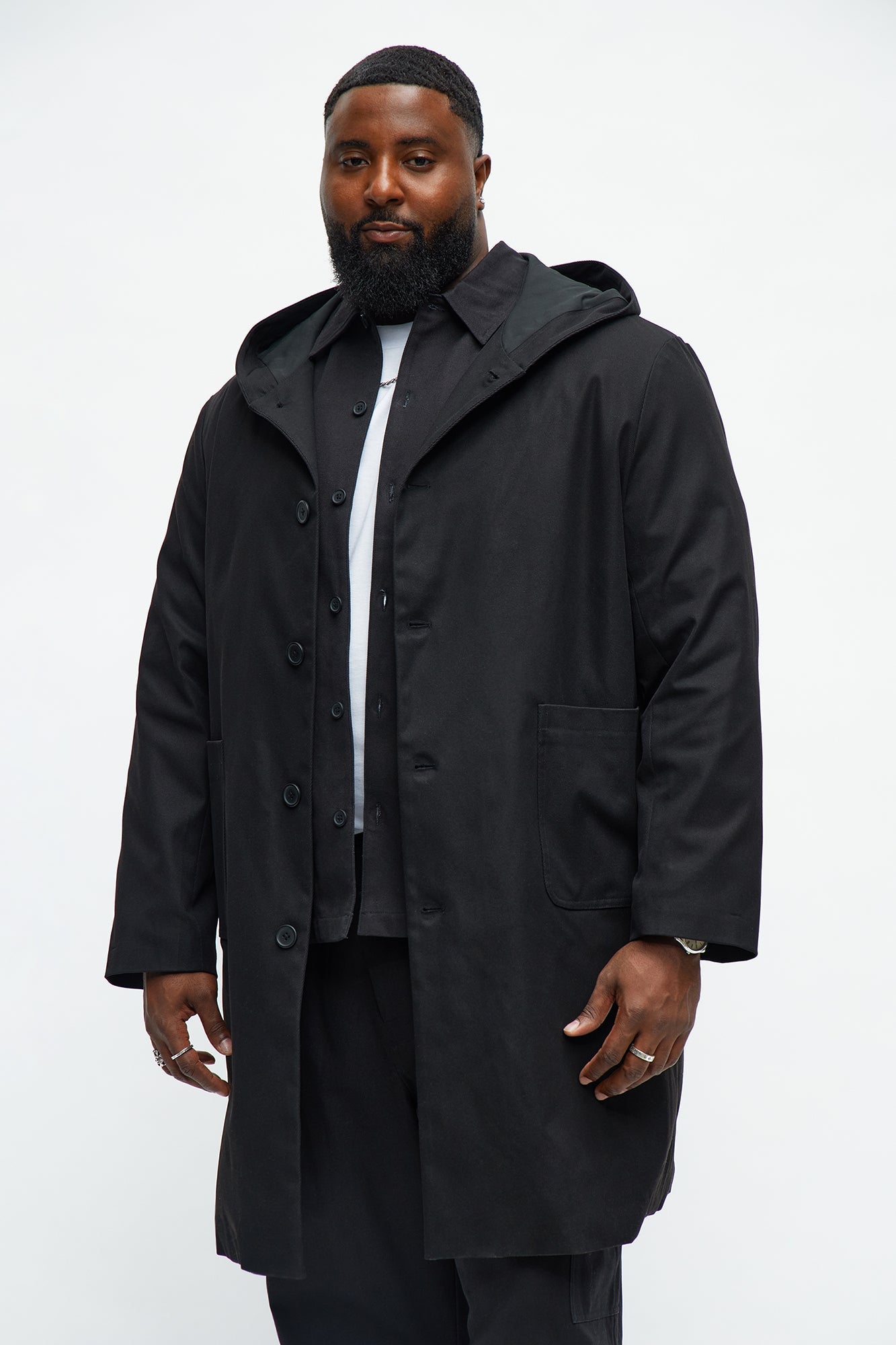 Hooded Ribbed Rain Coat - Black