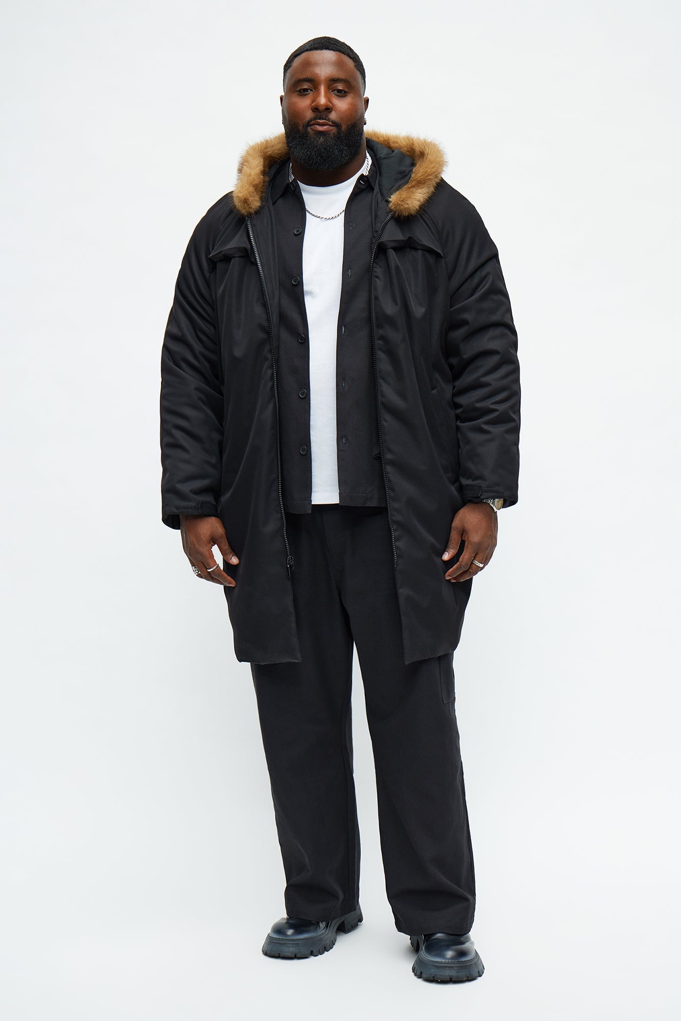 Padded Hooded Faux Trim Iced Out Parka - Black
