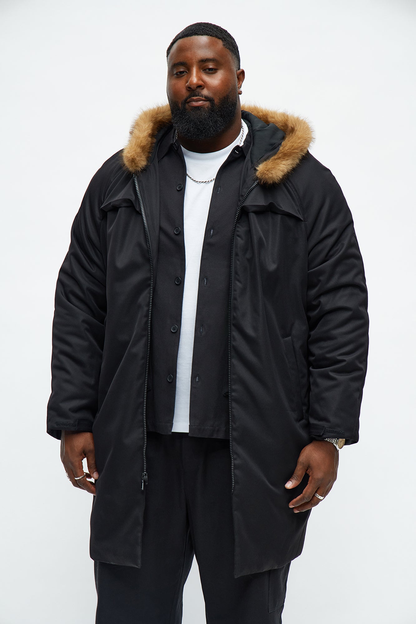 Padded Hooded Faux Trim Iced Out Parka - Black