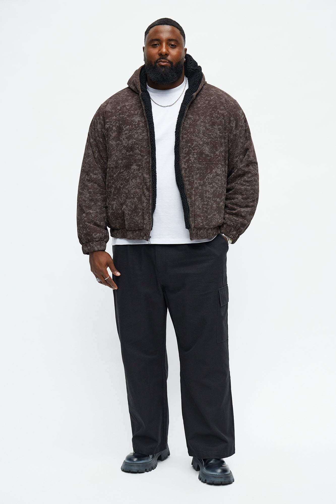 Oversized Corduroy Hooded Bomber Jacket - Brown