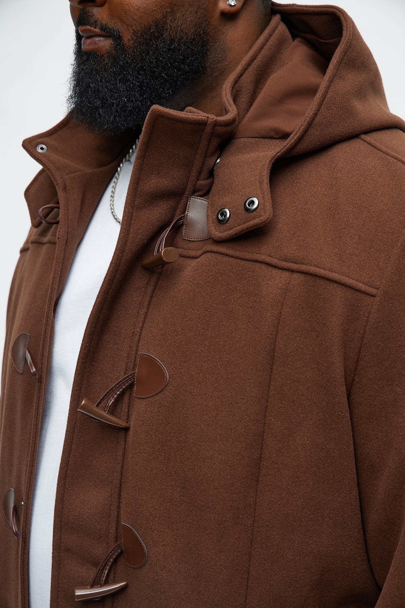 Hooded Faux Wool Rugged Toggle Coat - Brown