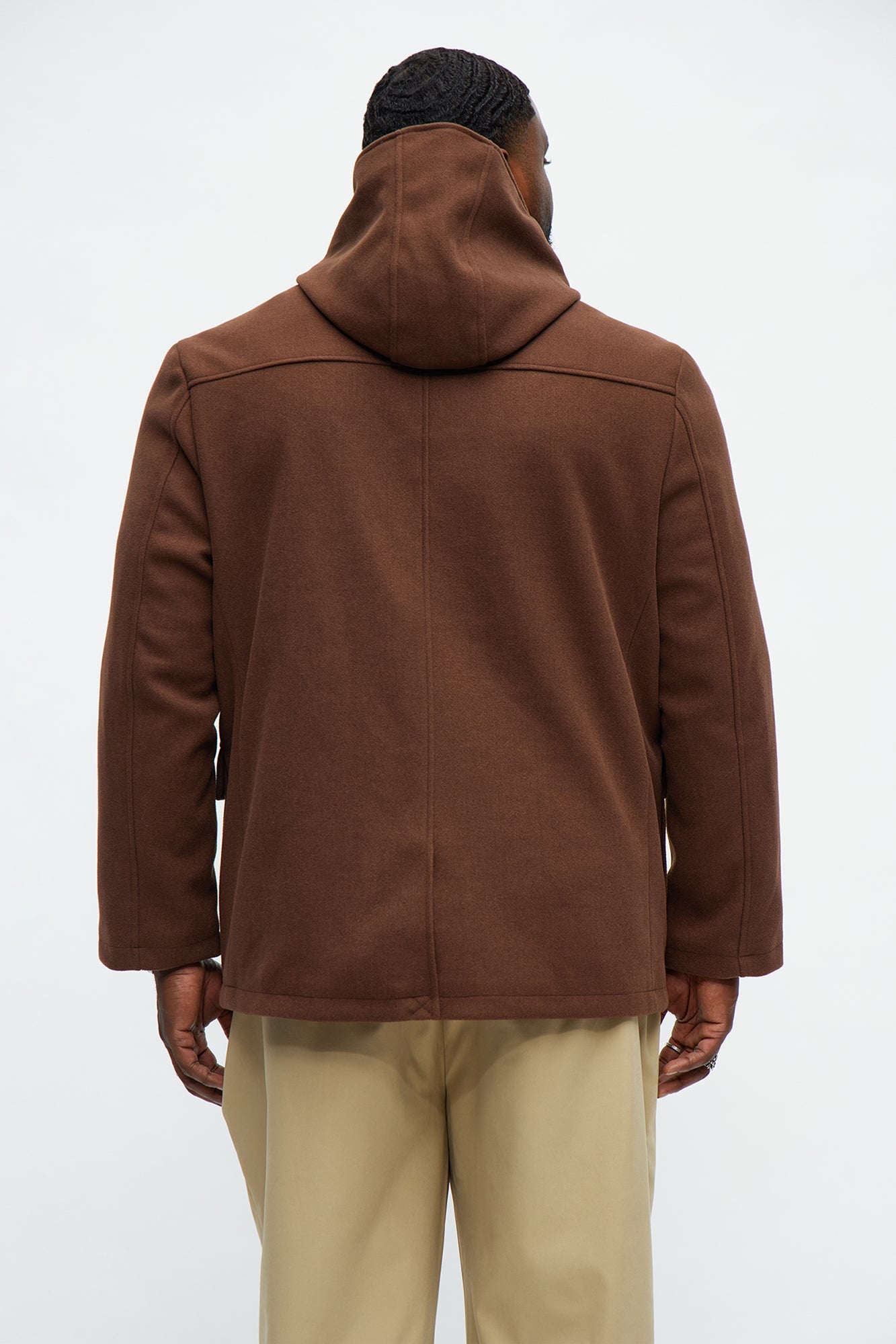 Hooded Faux Wool Rugged Toggle Coat - Brown