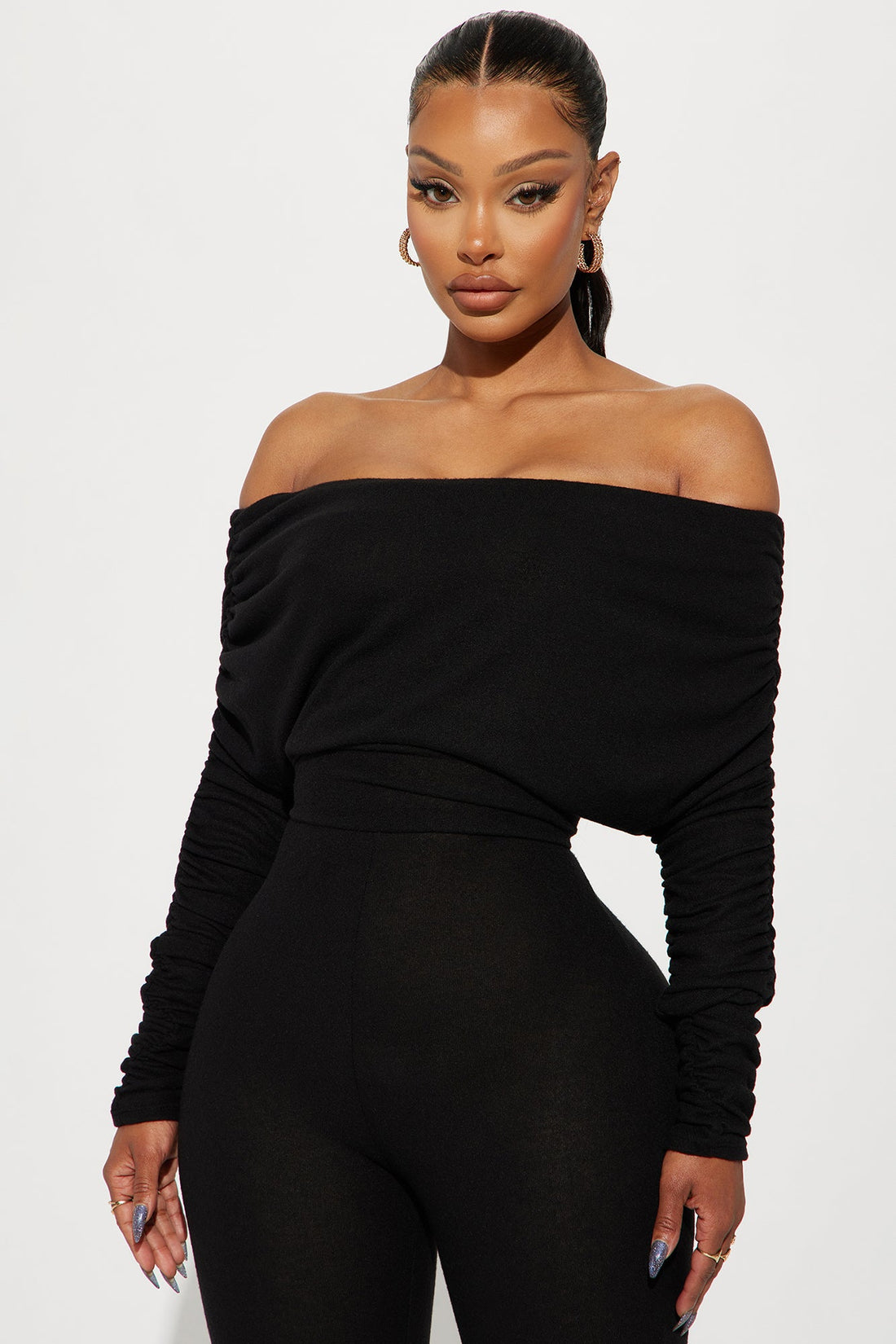 Yasmine Off Shoulder Sweater Jumpsuit - Black