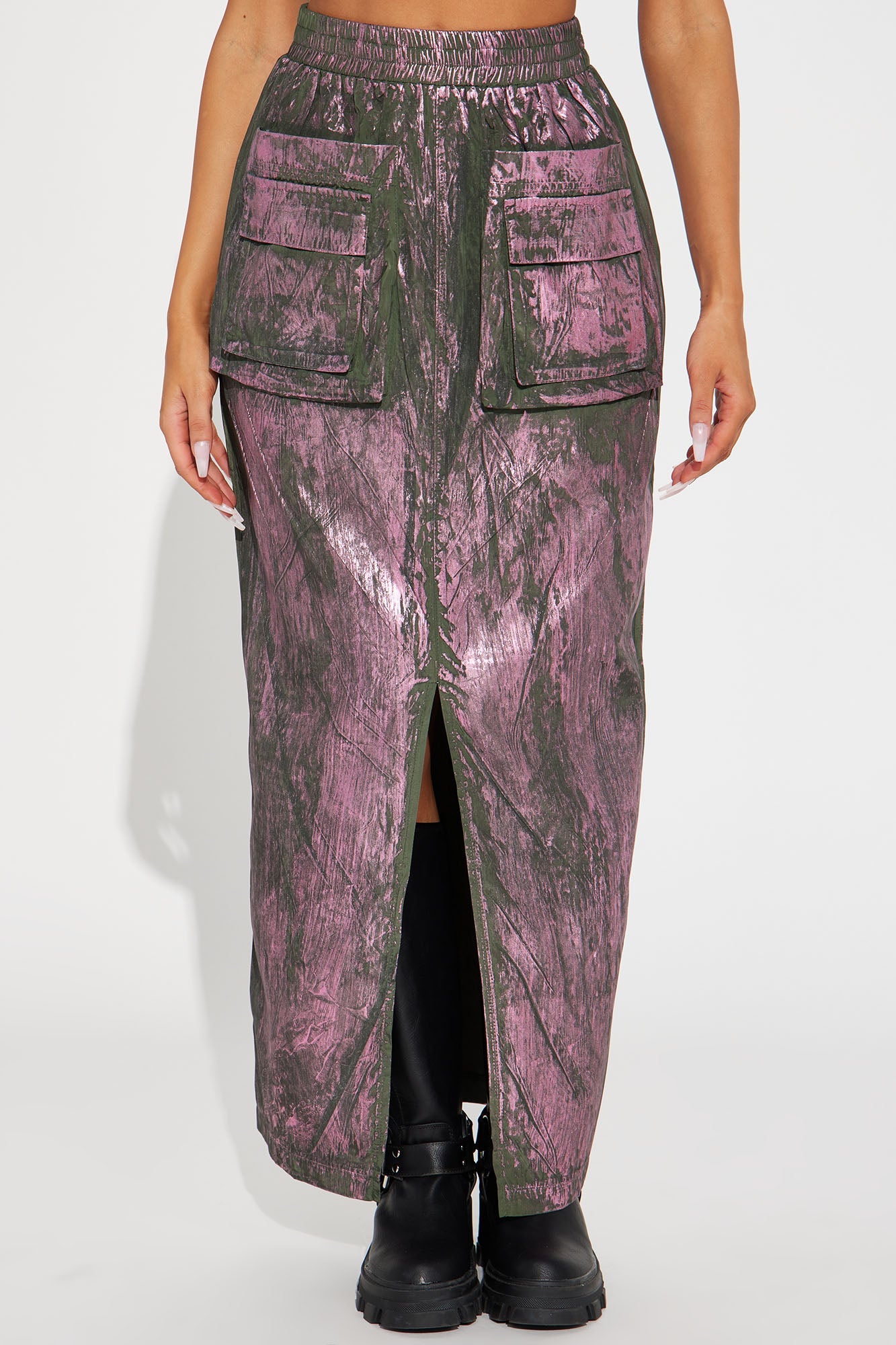 Down And Dirty Metallic Foil Cargo Maxi Skirt - Green