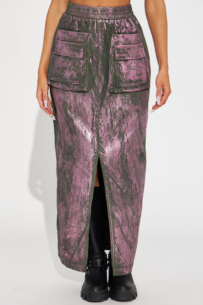 Down And Dirty Metallic Foil Cargo Maxi Skirt - Green