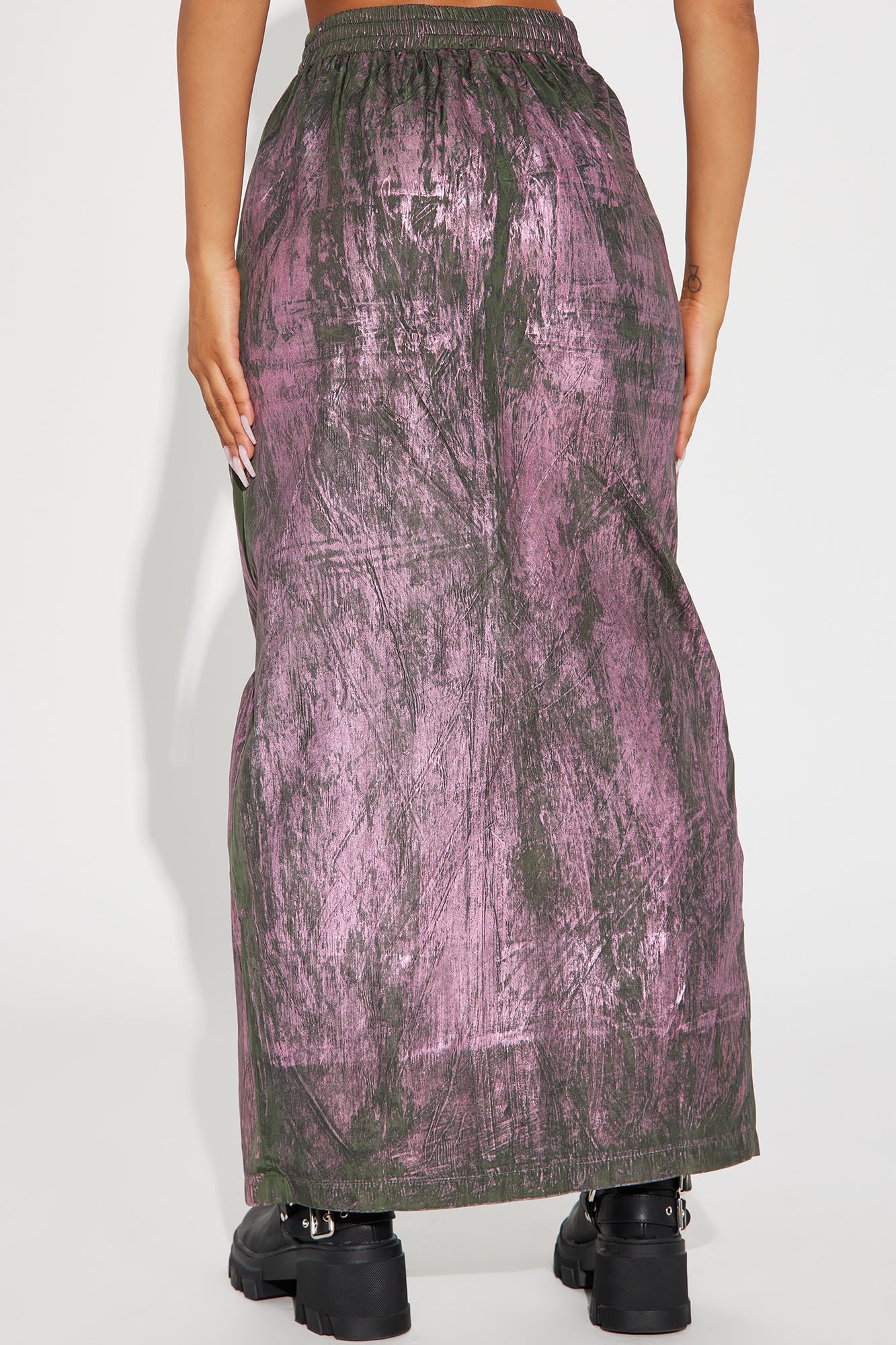 Down And Dirty Metallic Foil Cargo Maxi Skirt - Green