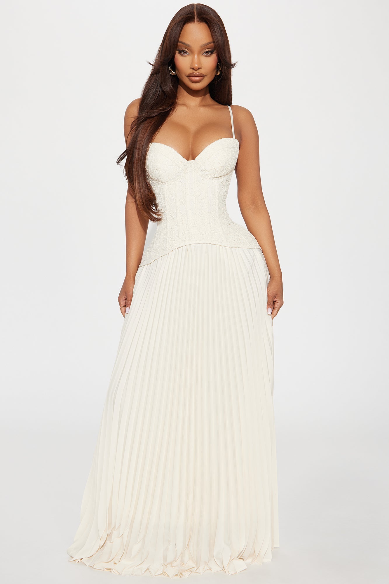 Daniella Lace Corset Pleated Maxi Dress - Cream