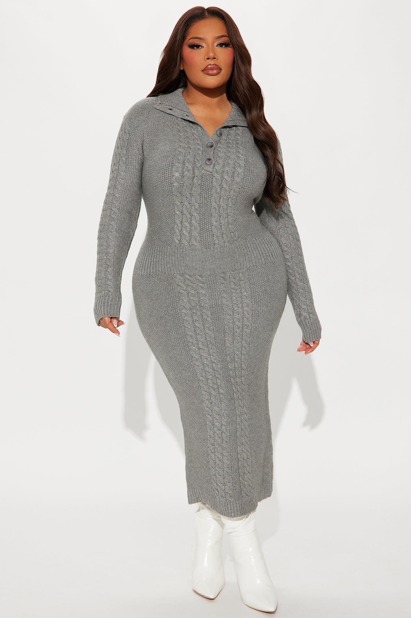 Sitting Pretty Cable Knit Midi Dress - Grey