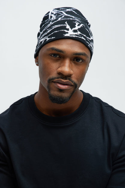 Lightning Graphic Skull Cap Beanie - Black/White