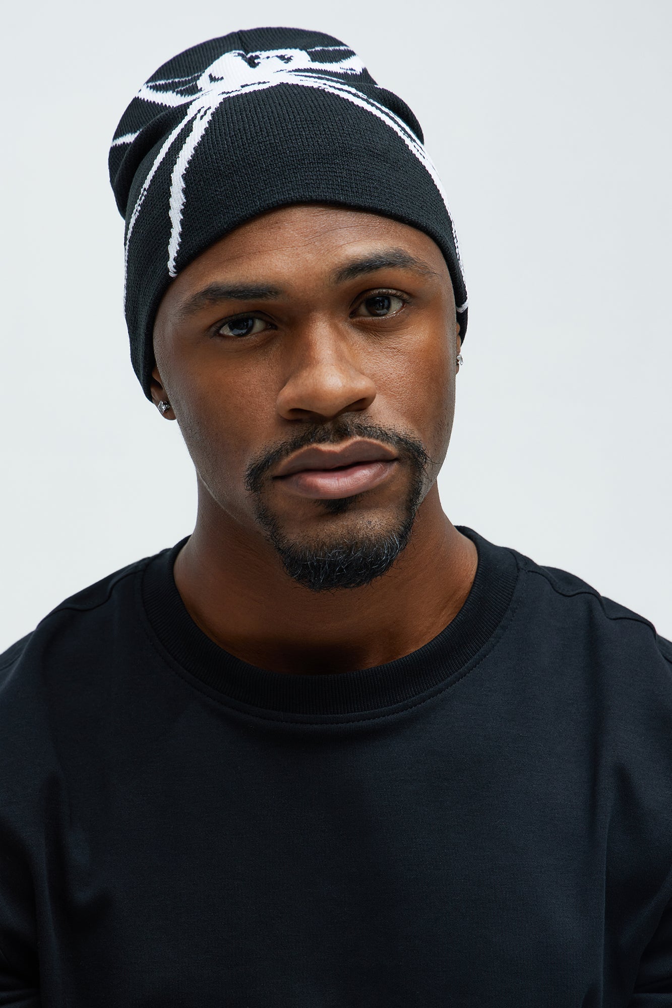 Spider Graphic Skull Cap Beanie - Black/White