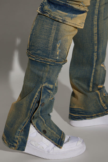 On The Set Stacked Skinny Snap Flare Jeans - Vintage Wash