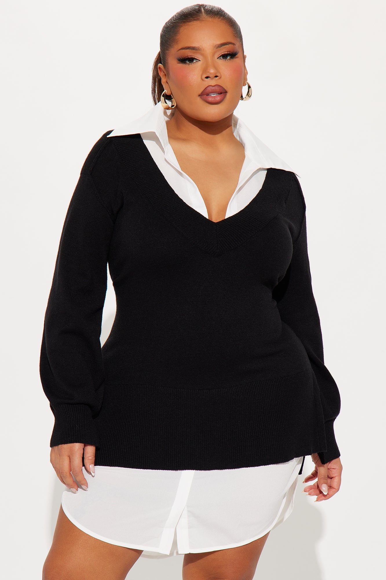 Hard Worker Sweater Shirt Mini Dress - Black/White