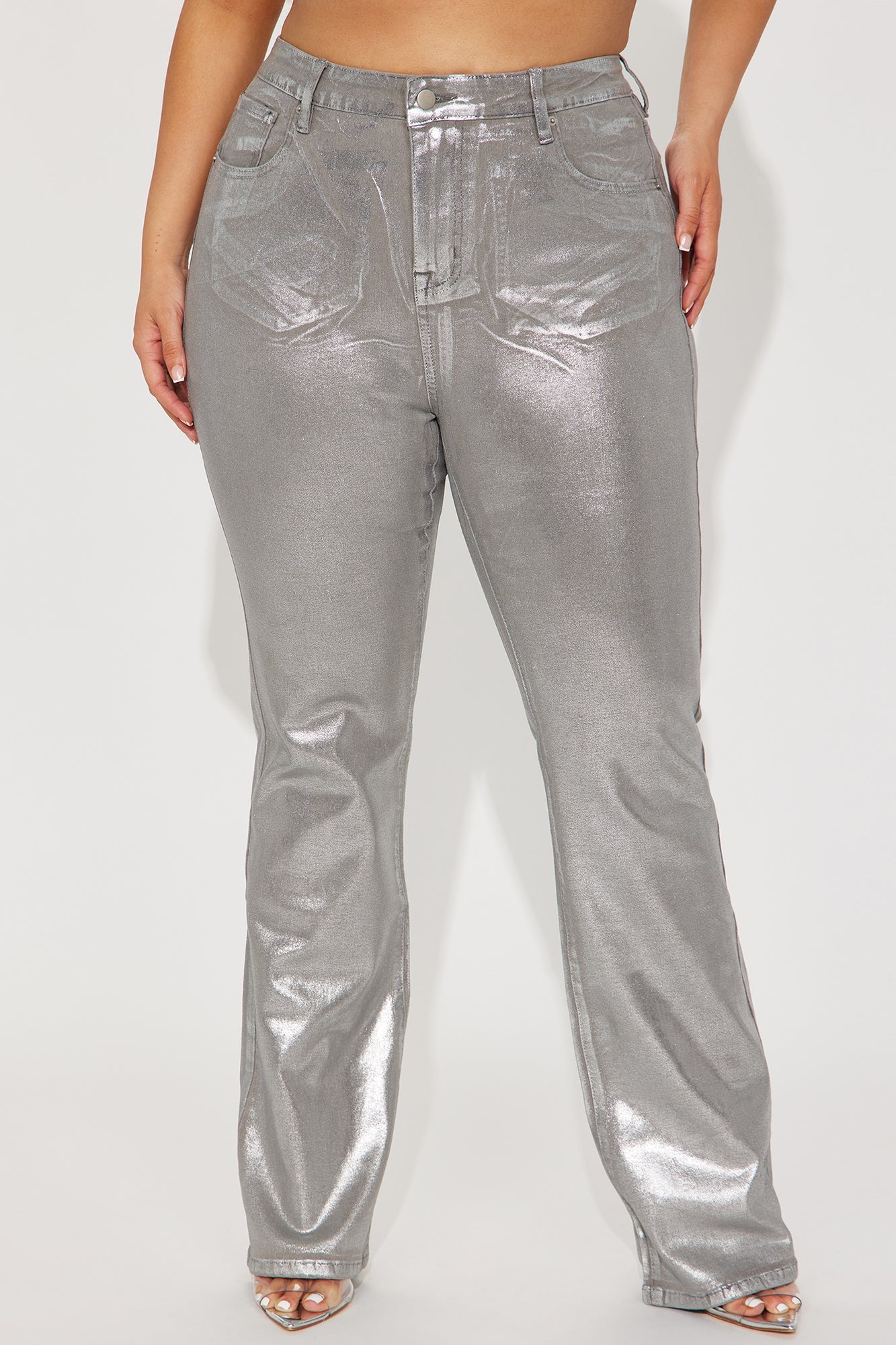 Shine Bright Foil Stretch Bootcut Jeans - Silver