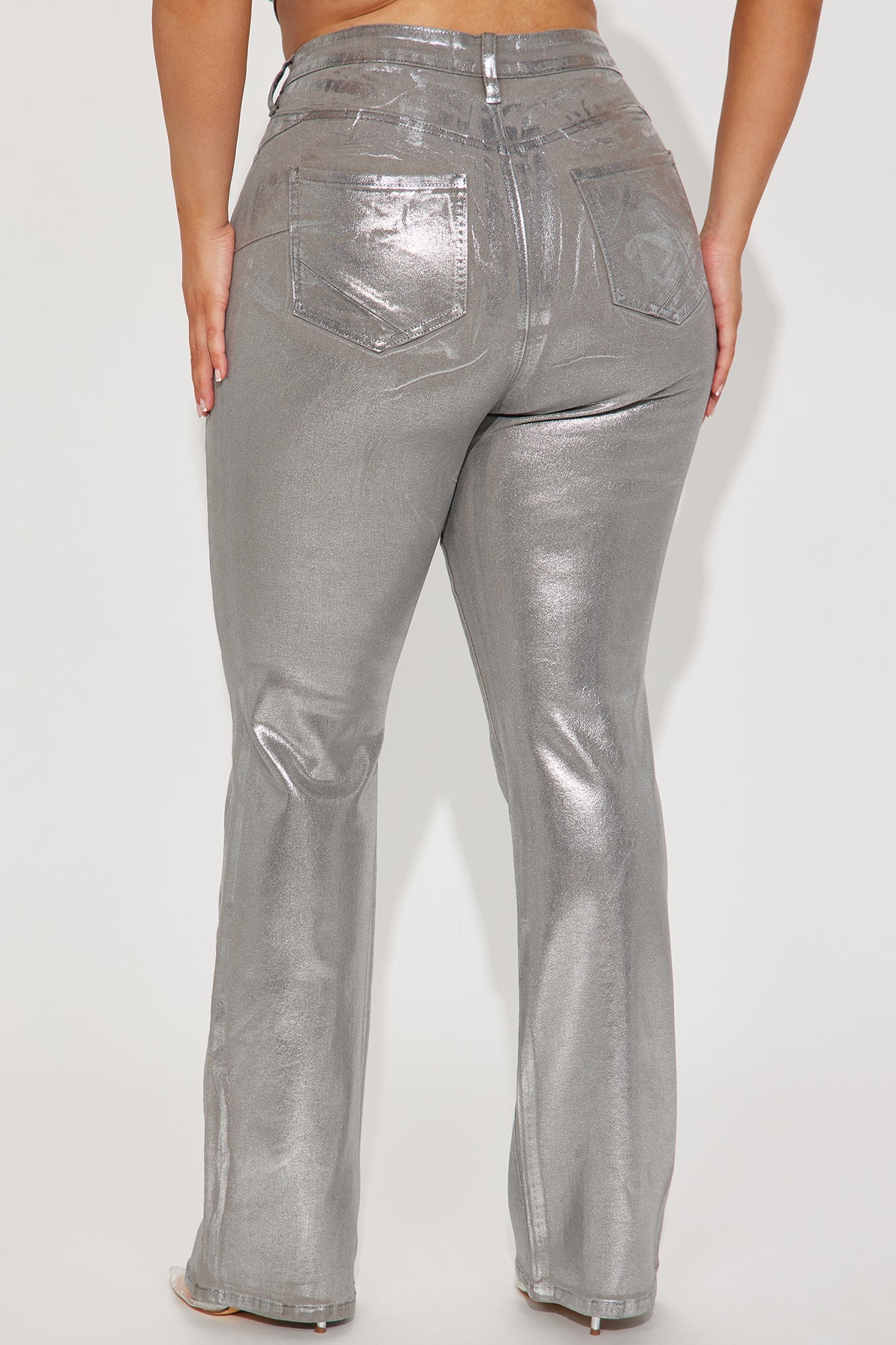 Shine Bright Foil Stretch Bootcut Jeans - Silver