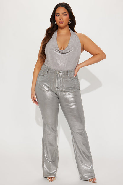 Shine Bright Foil Stretch Bootcut Jeans - Silver