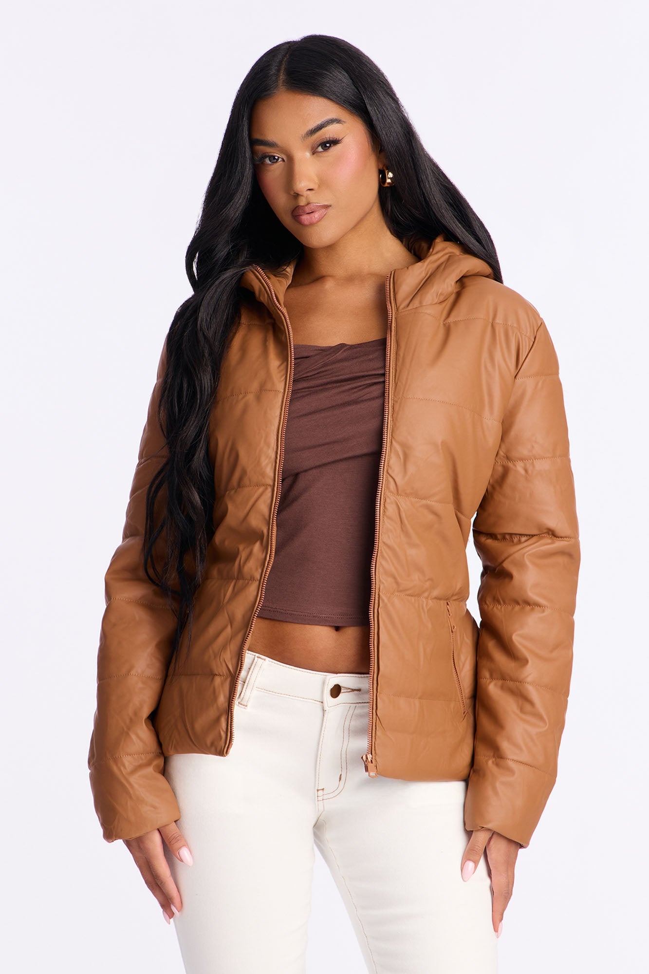 City Nights Faux Leather Puffer Jacket - Camel