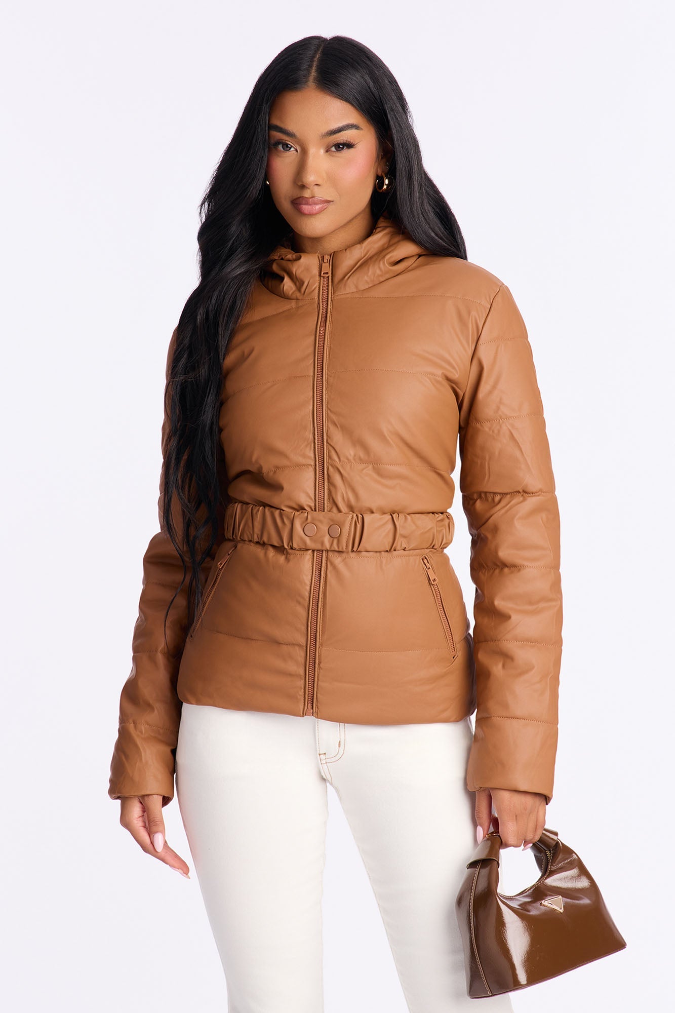 City Nights Faux Leather Puffer Jacket - Camel