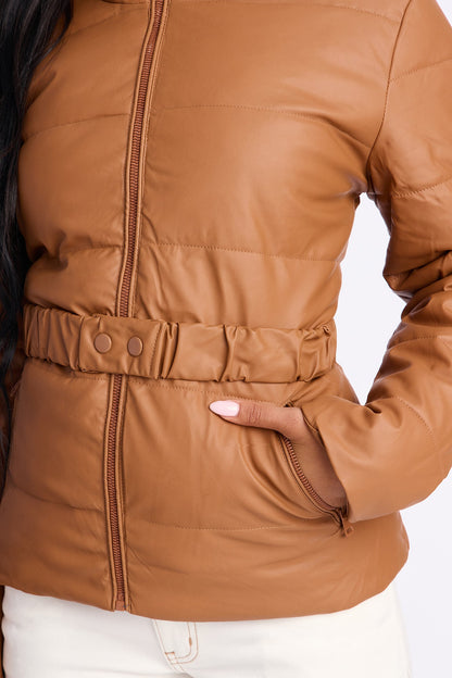 City Nights Faux Leather Puffer Jacket - Camel