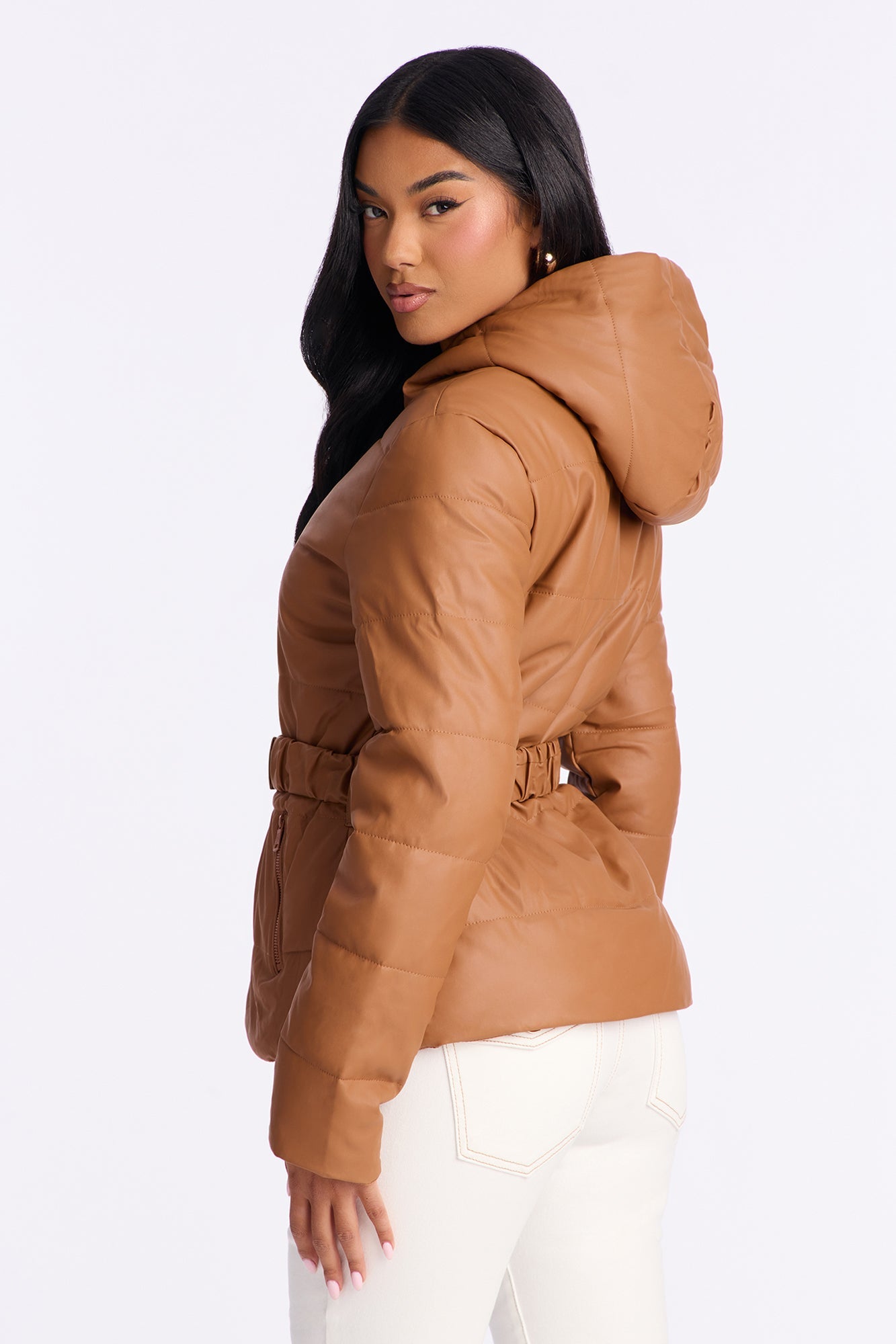 City Nights Faux Leather Puffer Jacket - Camel