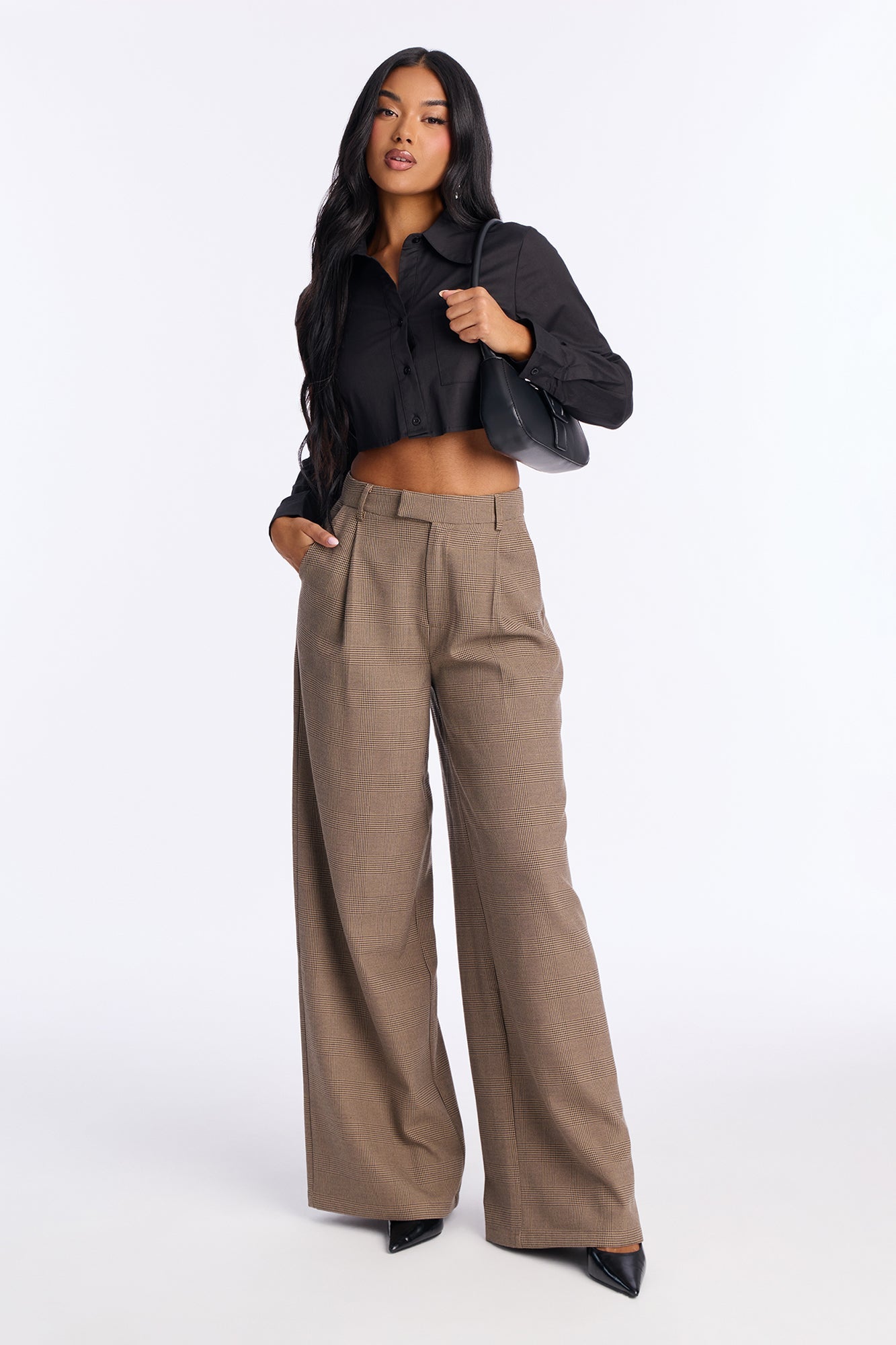 Clarissa Wide Leg Plaid Trouser Pants 33″ - Brown