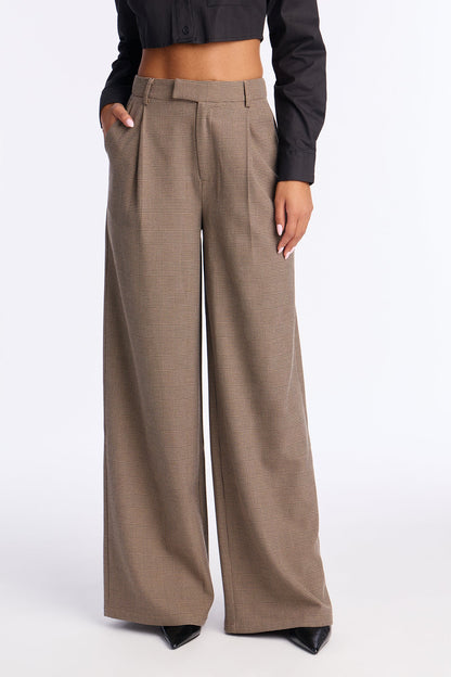 Clarissa Wide Leg Plaid Trouser Pants 33″ - Brown