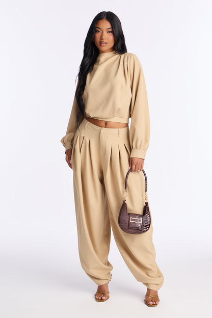 Inez Long Sleeve Pleated Balloon Pant Set - Khaki