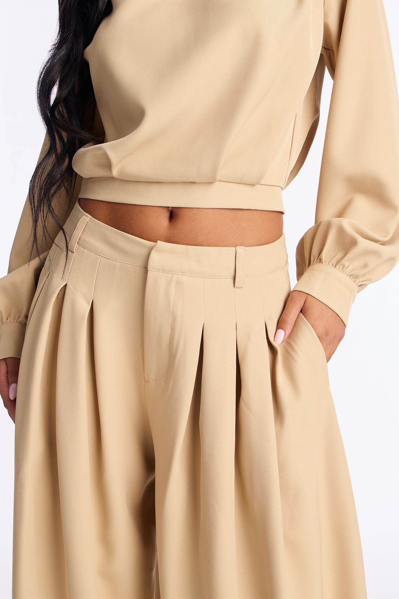 Inez Long Sleeve Pleated Balloon Pant Set - Khaki