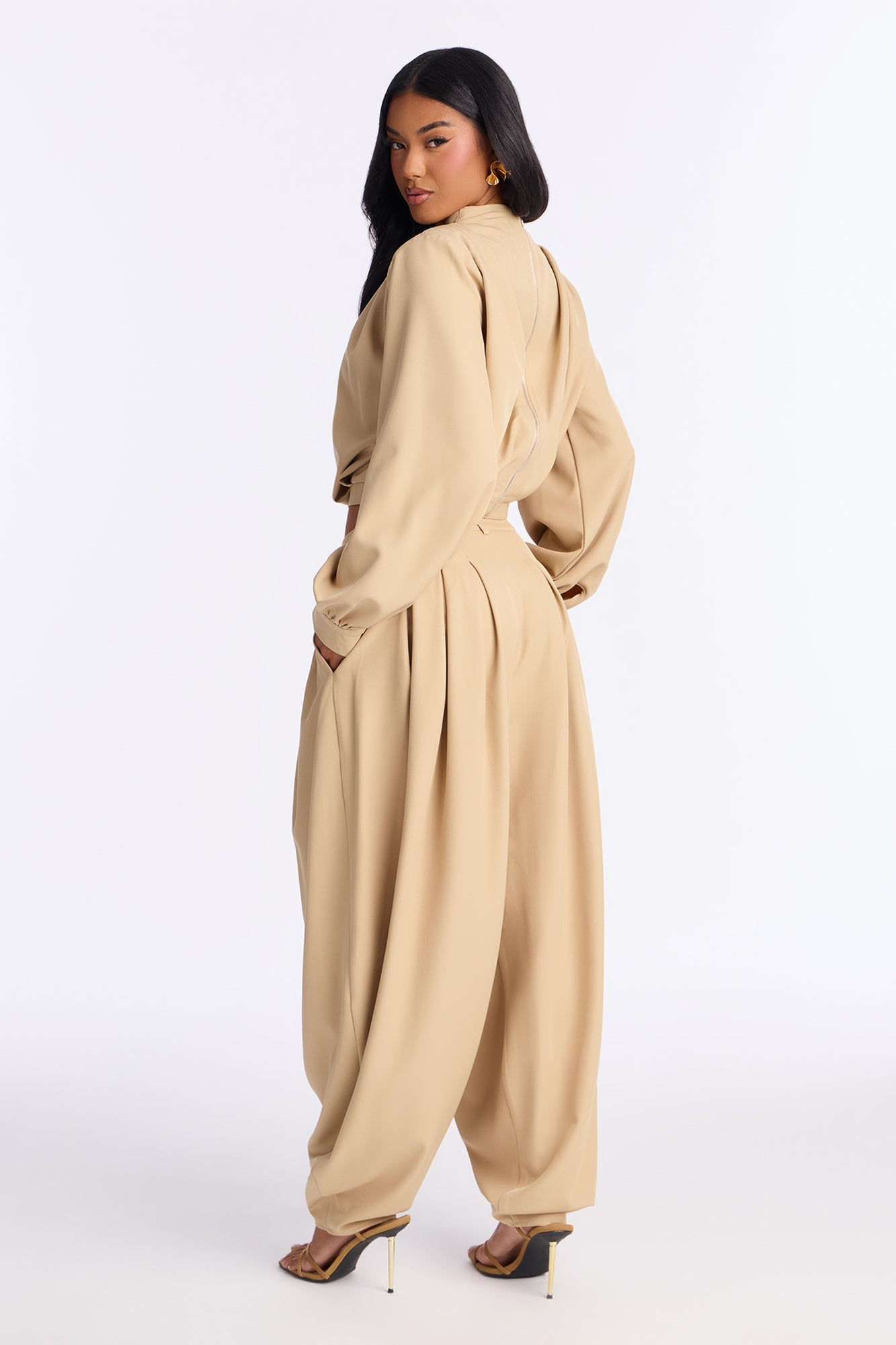 Inez Long Sleeve Pleated Balloon Pant Set - Khaki