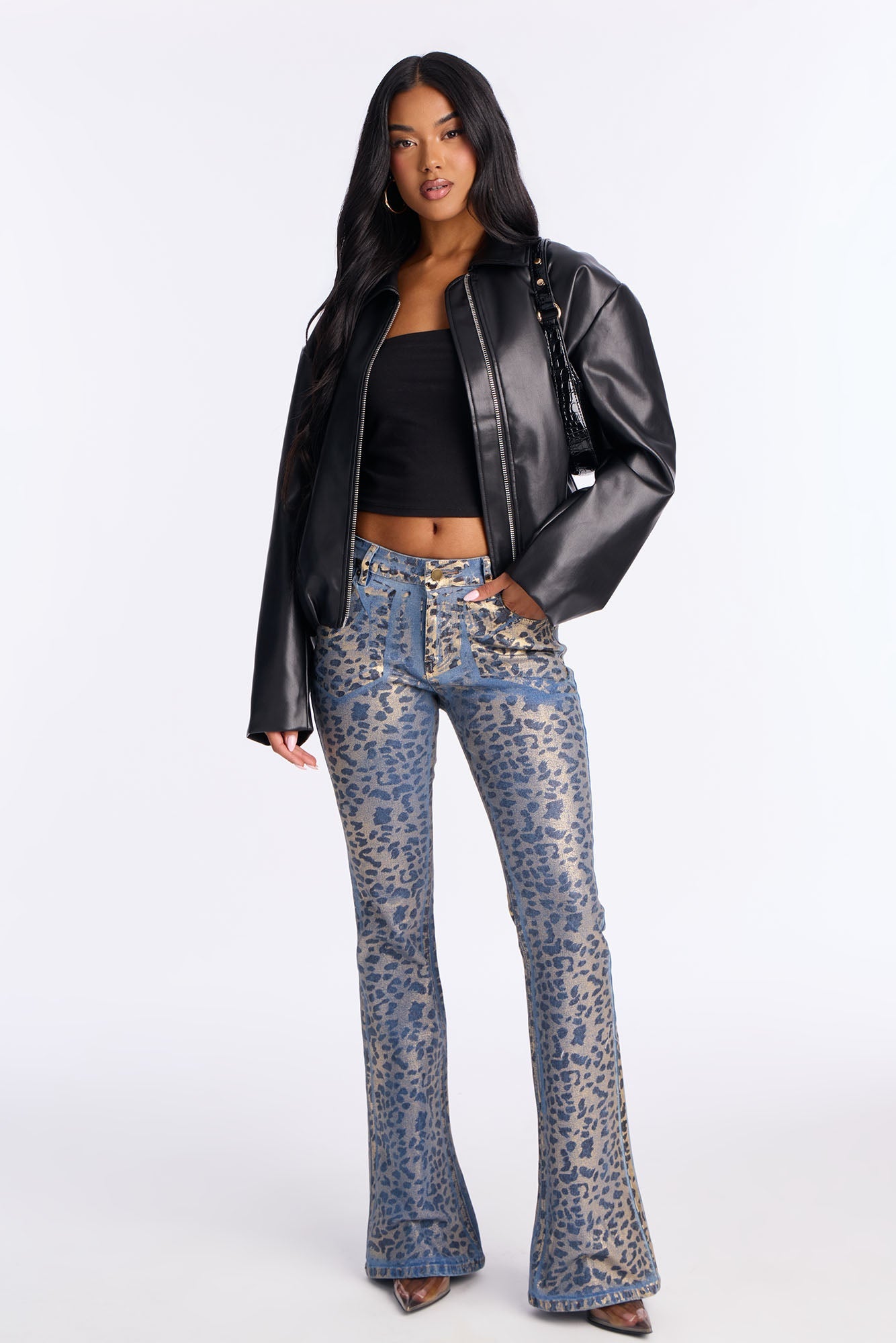 Spotted Leopard Foil Flare Jeans - Black/combo
