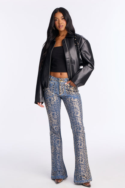 Spotted Leopard Foil Flare Jeans - Black/combo